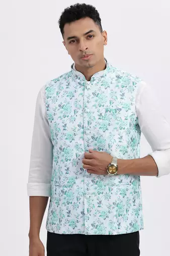 men's green printed nehru jacket