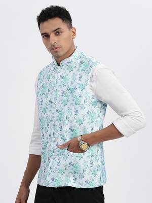 men's green printed nehru jacket 3