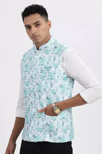 men's green printed nehru jacket