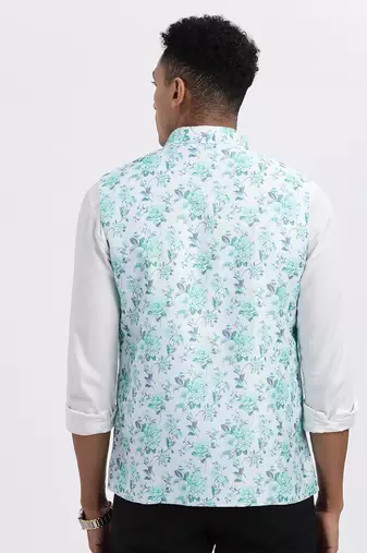 men's green printed nehru jacket