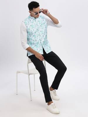 men's green printed nehru jacket 5