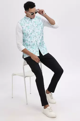 men's green printed nehru jacket