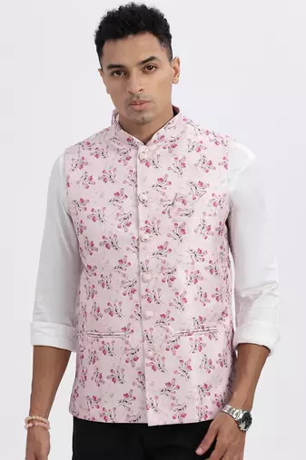 men's pink printed nehru jacket