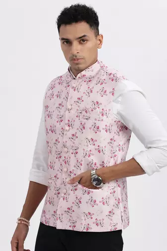 men's pink printed nehru jacket