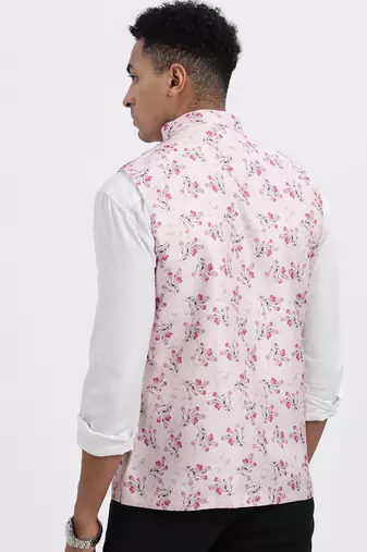 men's pink printed nehru jacket