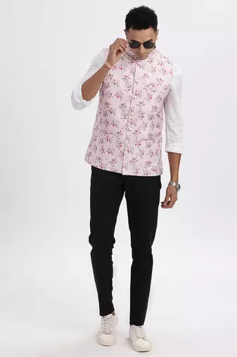 men's pink printed nehru jacket
