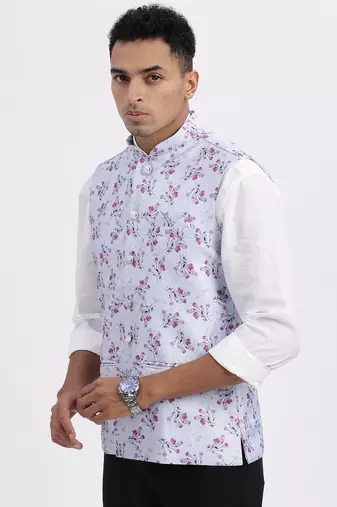 men's lavender printed nehru jacket