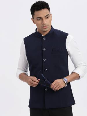 men's navy blue solid nehru jacket 1