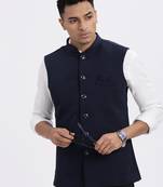 men's navy blue solid nehru jacket