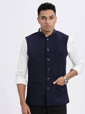 men's navy blue solid nehru jacket 2