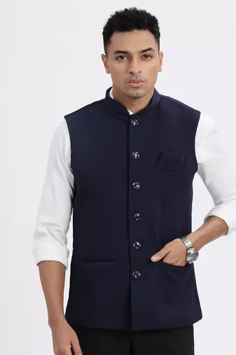 men's navy blue solid nehru jacket