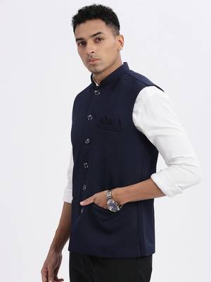 men's navy blue solid nehru jacket 3