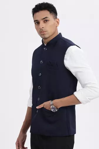 men's navy blue solid nehru jacket