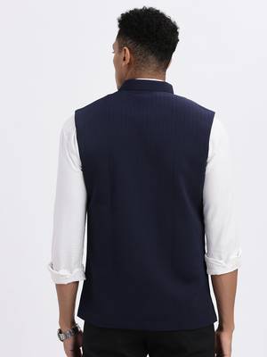 men's navy blue solid nehru jacket 4