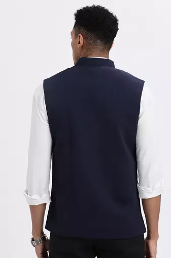 men's navy blue solid nehru jacket