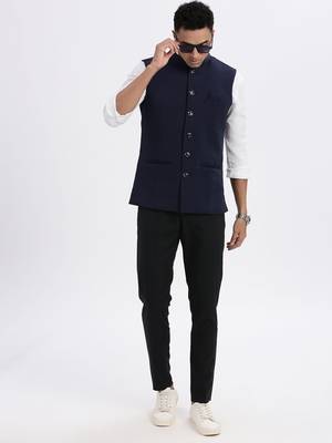 men's navy blue solid nehru jacket 5