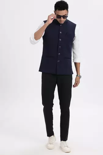 men's navy blue solid nehru jacket