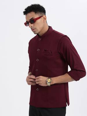 men's maroon solid nehru jacket 1