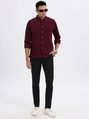 men's maroon solid nehru jacket 5