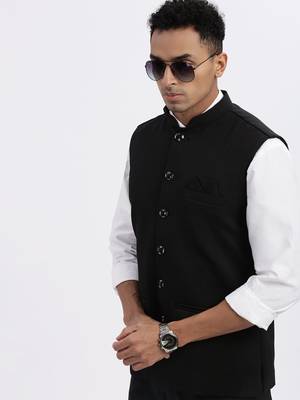 men's black solid nehru jacket 1