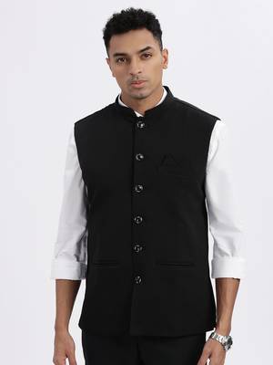 men's black solid nehru jacket 2