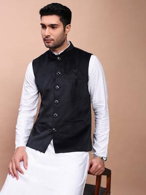 men's solid black slim fit nehru jacket 1