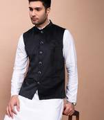men's solid black slim fit nehru jacket