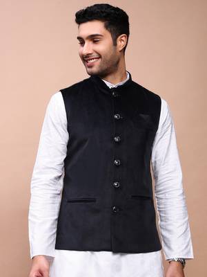 men's solid black slim fit nehru jacket 2