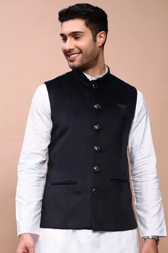 men's solid black slim fit nehru jacket