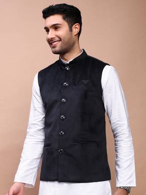 men's solid black slim fit nehru jacket 3