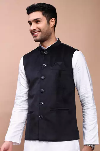 men's solid black slim fit nehru jacket