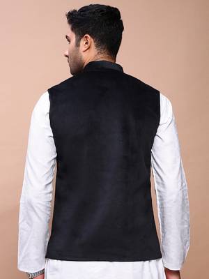 men's solid black slim fit nehru jacket 4