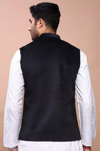 men's solid black slim fit nehru jacket