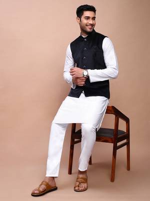 men's solid black slim fit nehru jacket 5
