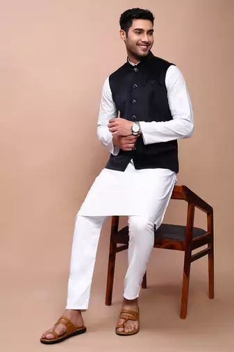 men's solid black slim fit nehru jacket