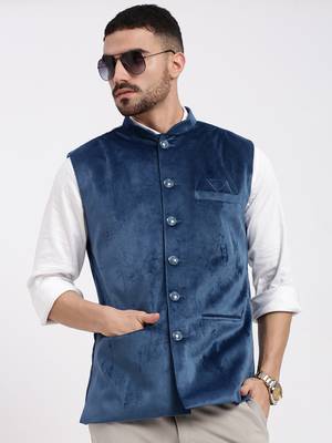 men's velvet solid navy blue slim fit nehru jacket 1