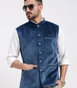 men's velvet solid navy blue slim fit nehru jacket