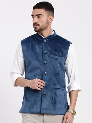 men's velvet solid navy blue slim fit nehru jacket 2