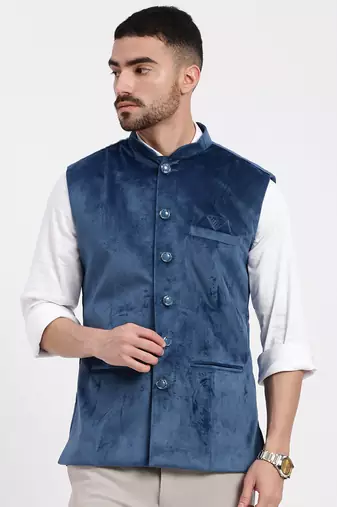 men's velvet solid navy blue slim fit nehru jacket