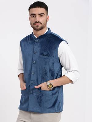 men's velvet solid navy blue slim fit nehru jacket 3