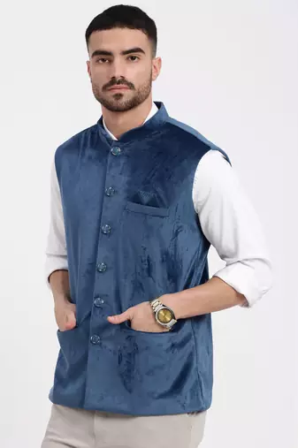 men's velvet solid navy blue slim fit nehru jacket