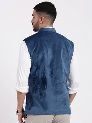 men's velvet solid navy blue slim fit nehru jacket 4