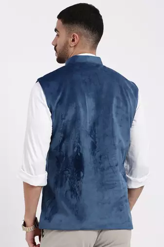 men's velvet solid navy blue slim fit nehru jacket