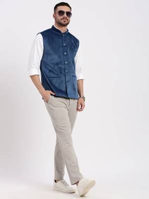 men's velvet solid navy blue slim fit nehru jacket 5