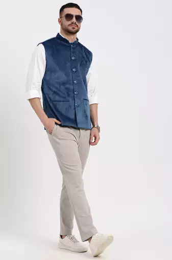 men's velvet solid navy blue slim fit nehru jacket