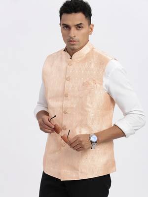 men's orange printed nehru jacket 1