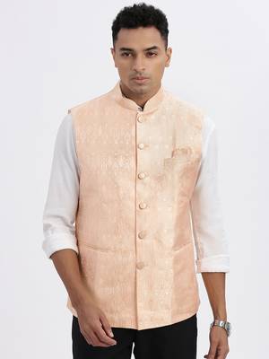 men's orange printed nehru jacket 2