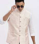 men's peach printed nehru jacket