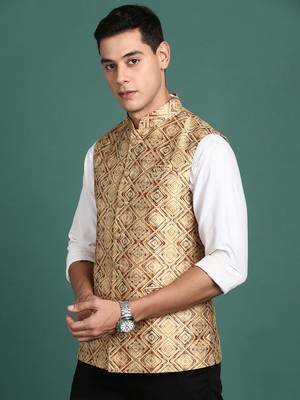men's embroidered mustard slim fit nehru jacket 1
