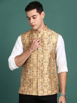 men's embroidered mustard slim fit nehru jacket 2